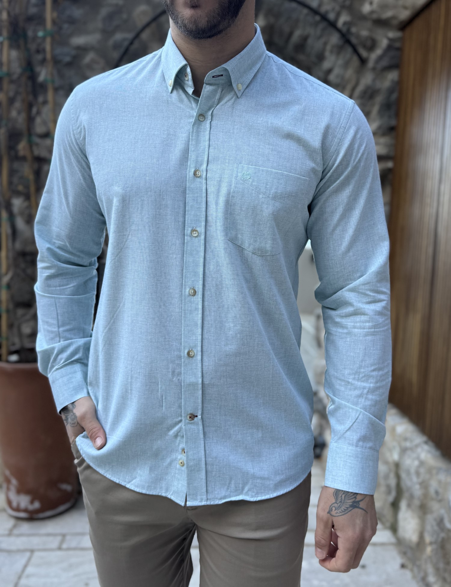 Ανδρικό μέντα βαμβακερό πουκάμισο με τσέπη 480